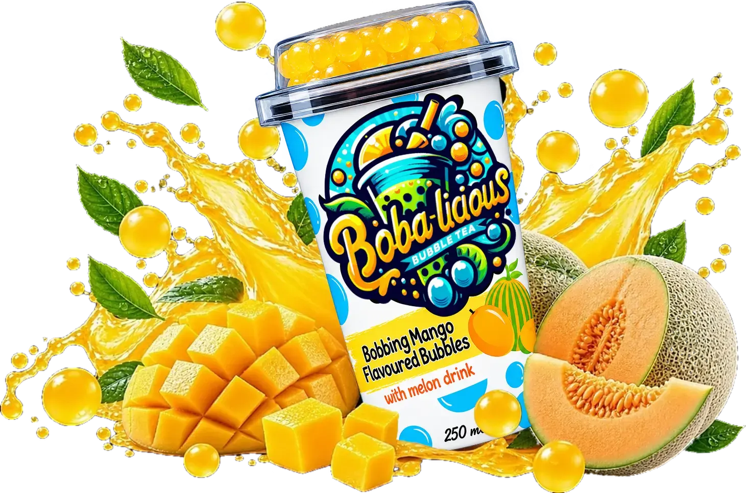 Colorful Bobalicious bubble tea cups with tropical fruits and popping boba on a light backdrop.